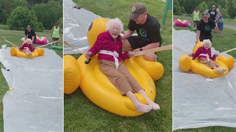 94 Year Old Woman Joyously Rides Rubber Duck Float Down Senior Homes