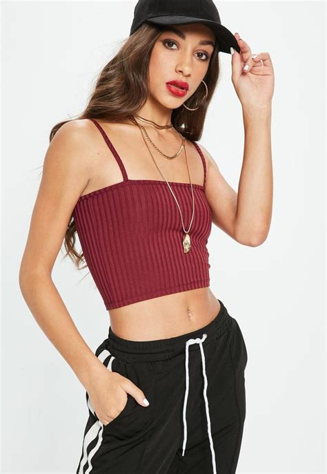 missguided red straight neck strappy rib crop top crop tops