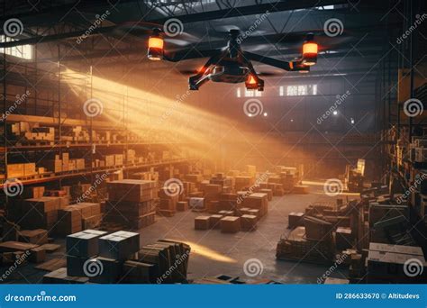 drone flying  warehouse scanning inventory stock photo image  view equipment