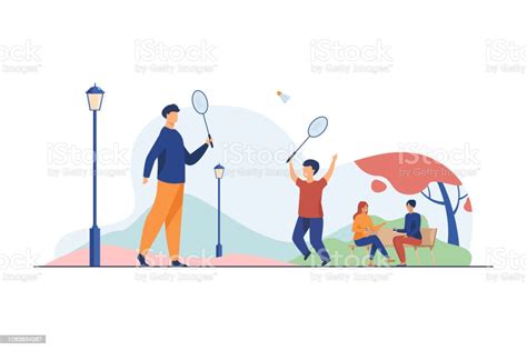 Dad And Son Playing Badminton In Autumn Park Stock Illustration