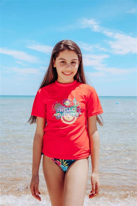 Girls Size 8 14 Bathers Rash Top Red Coral Hello Summer