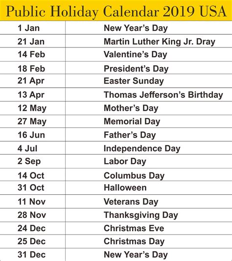 public holidays calendar  usa calendar holidayscalendar