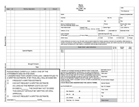 automotive repair order template  printable documents