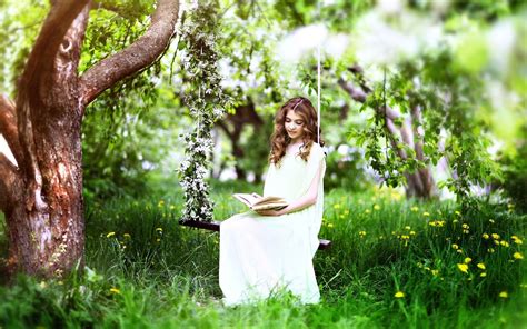 Wallpaper Grass Tree Spring White Dress Girl Read Book 1920x1200 Hd