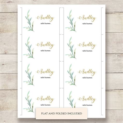 greenery wedding table place card template flat folded  place