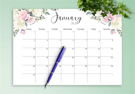 printable floral design monthly calendar