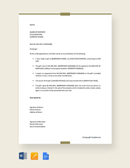 mortgage gift letter template template word google docs