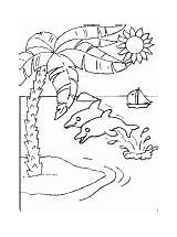 Island Coloring Deserted Dolphins Boat Off Two Palm Tree sketch template