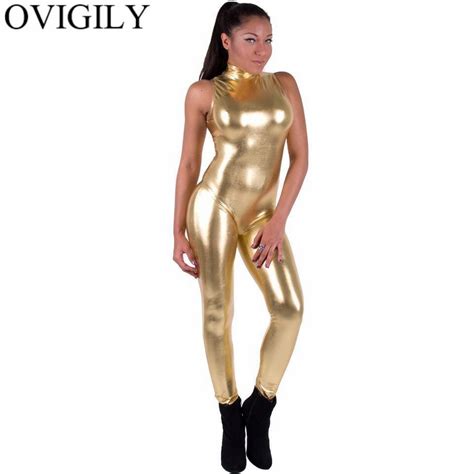 ovigily black women metallic sleeveless unitard catsuit shiny