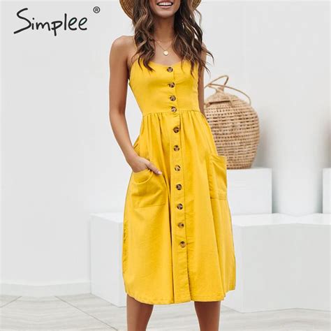 simplee elegant button women dress pocket polka dots yellow cotton midi dress summer casual