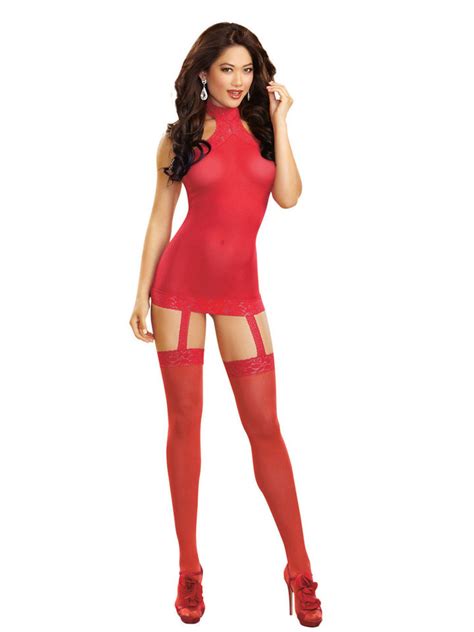 Sexy Red Sheer Garter Dress With Garter Laced Thigh Highs One Size