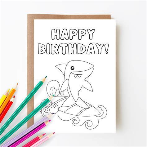 printable happy birthday coloring card shark birthday card etsy