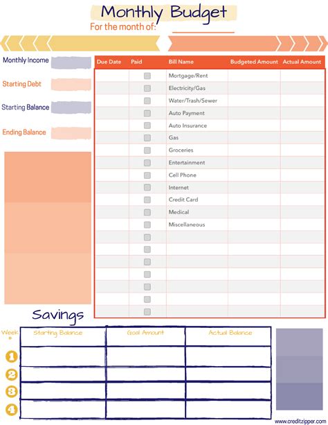 monthly budget planner printable credit zipper