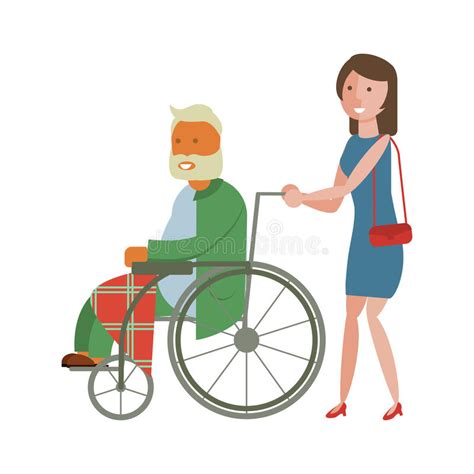 vrijwilligers duwende rolstoel met de gehandicapte oude mens vector illustratie illustratie