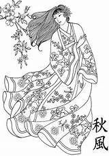 Coloring Pages Adult Japanese Geisha Traditional Adults Woman Japan Printable Dress Japonese Color Da Drawings Embroidery Patterns Sheets Book Digi sketch template