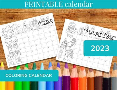 coloring calendar  kids printable monthly etsy