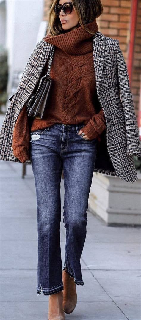 lena   wear   plaid blazer brown knit sweater bag