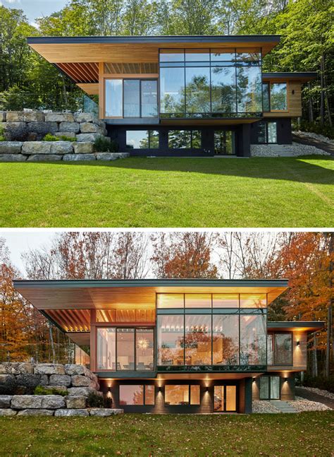 contemporary cottage   cantilevered roof overlooks  lake  canada