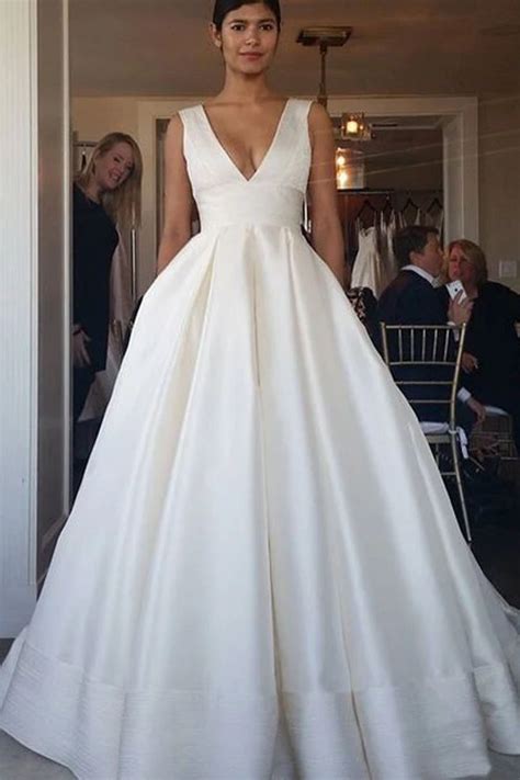 elegant straps  neck ball gown ivory satin backless wedding dresses  pockets