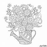 Flowers Watering Coloring Pages Fleurs Elegant Inside Adult Nature Vegetation sketch template