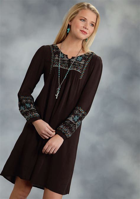 womens embroidered western dress cinnamon