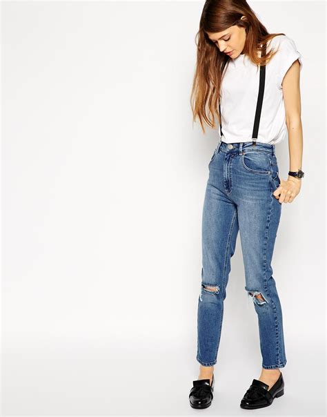 asos farleigh high waist slim mom jeans in vintage wash with busted