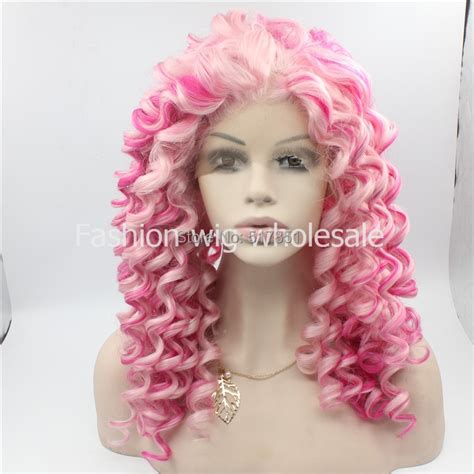 F5 20 Medium Long Spiral Curl Lace Front Pink Wig Heat Resistant