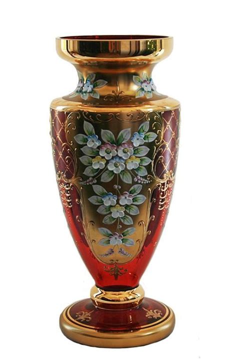 Czech Bohemian Vintage Antique Hand Blown Painted Cranberry Glass Vase