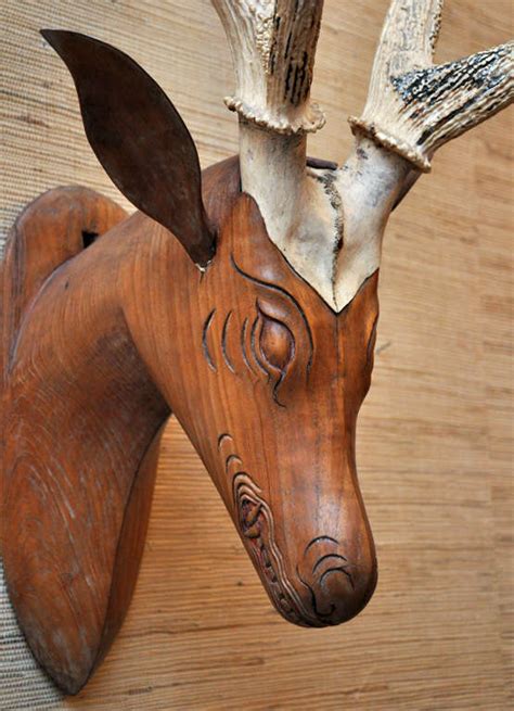 carved wood deer head mount  real antlers  stdibs
