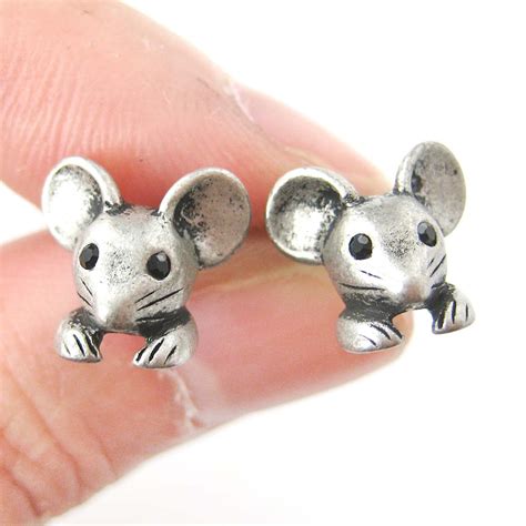 mouse mice realistic animal stud earrings  silver animal jewelry