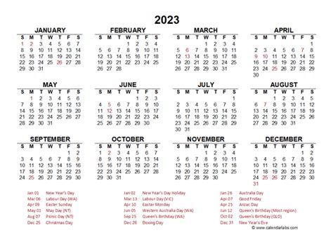 year   glance calendar  australia holidays  printable