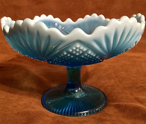 rare davidson pearline lords  ladies blue opalescent glass compote