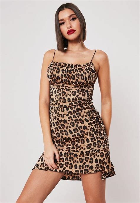 Camel Leopard Satin Ruched Side Bodycon Mini Dress Missguided