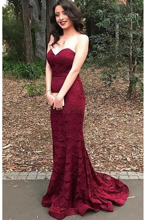 Long Mermaid Lace Burgundy Prom Dresses Party Evening