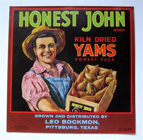 honest john yams sweet potatoes crate label pittsburg tx honestjohn fruit crate label crate