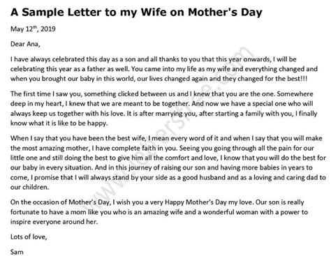 sample letter   wife  mothers day love  wife quotes