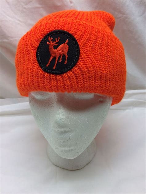 Vintage Knit Hunting Cap Orange Deer Hunter Patch High Visability Na