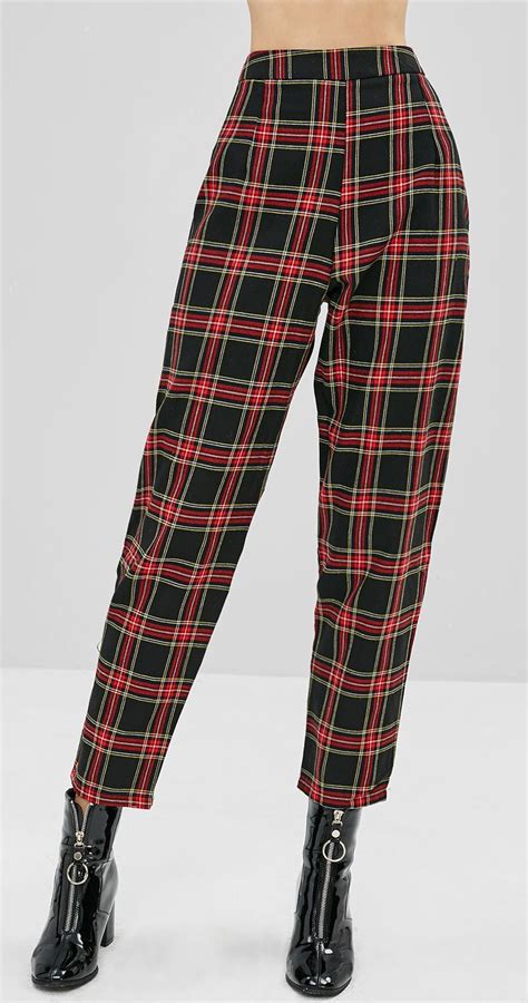 vintage red black tapered plaid high waisted pants women pants  women high waisted pants