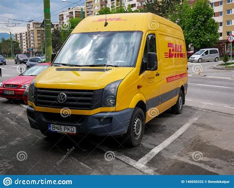 dhl express delivery car close  shot editorial photography image  fast business