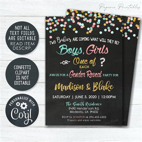 editable twins gender reveal party invitation gender reveal etsy