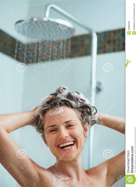 happy woman applying shampoo in shower stock image image of cleaning happy 25889299