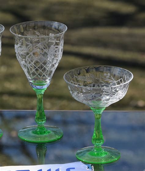 vintage etched green stems wine and cocktail glasses set