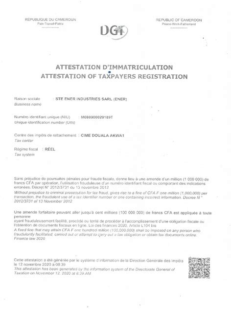 attestation dimmatriculation