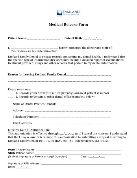 dental medical records release form templates  allbusinesstemplatescom