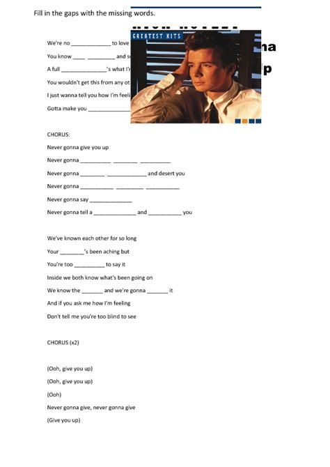 song worksheet never gonna give you up by rick astley english life verb worksheets verb