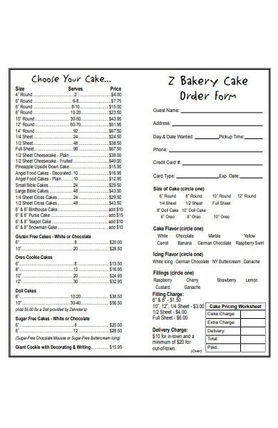 bakery order forms   ms word xls
