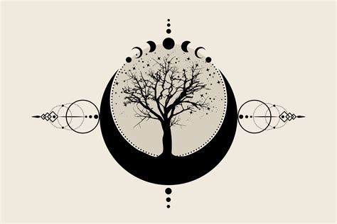 sacred tree  crescent moon hand drawn mystical moon phases tree