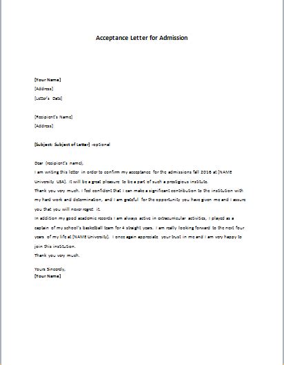 acceptance letter  admission writelettercom