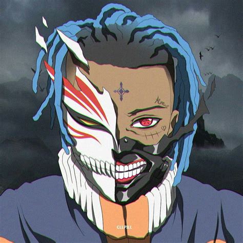 man  blue hair  white face paint   face standing  front  dark clouds