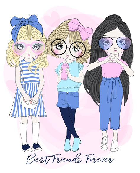 hand drawn cute group of 3 girl best friends in different poses with